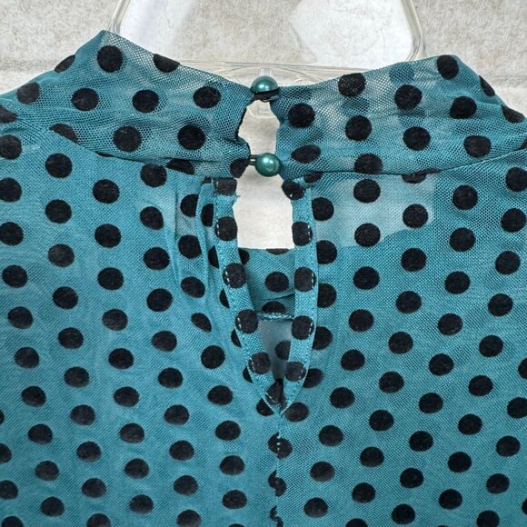 Lane Bryant Women’s 18/20 Teal Polka Dot Mesh Long Sleeve Mock Neck Blouse NWT - Picture 3 of 12